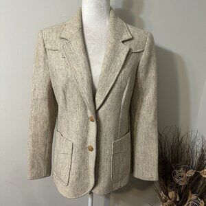 Vtg Ms. Pioneer Women Tweed Beige Western Yoke Jacket Elbow Patch Sz 12 Flaw USA